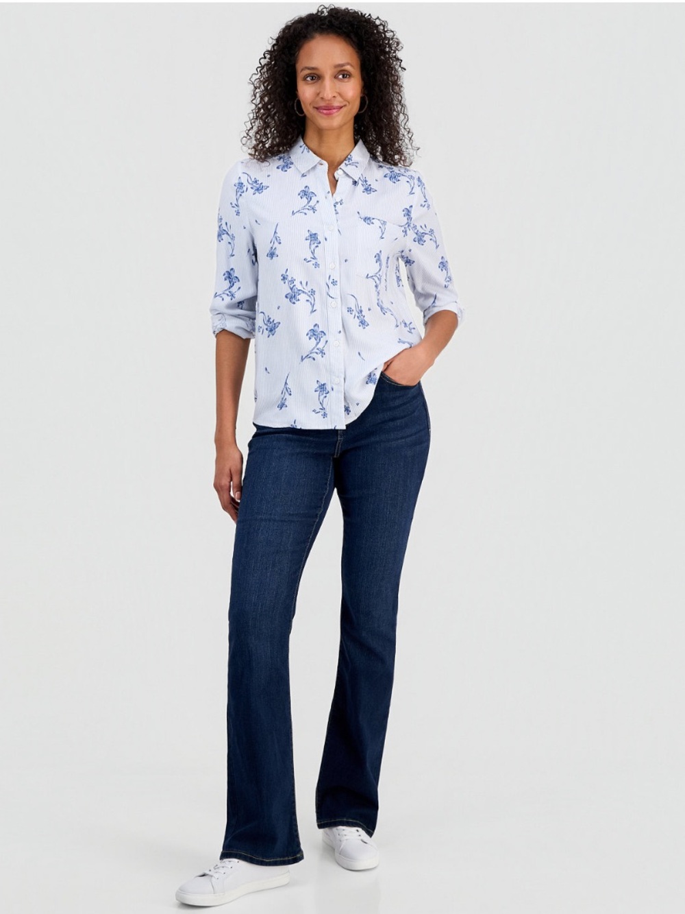 Preppy Blue Stripe & Floral Button-Down Shirt for Women NWT - Picture 3 of 9